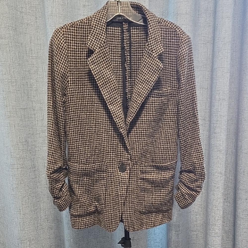 Women's Zara Houndstooth Blazer‎ - Black and Brown No Lining Size Small